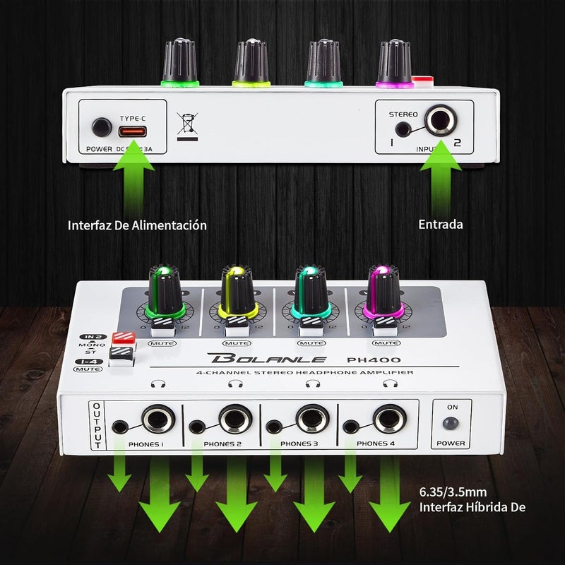 Bolanle PH400 4-Channel Headphone Amp with 8 Output Ports, 3.5mm & 6.35mm Jacks, Mono/Stereo Switch, 7 Color Breathing Light - Image 2